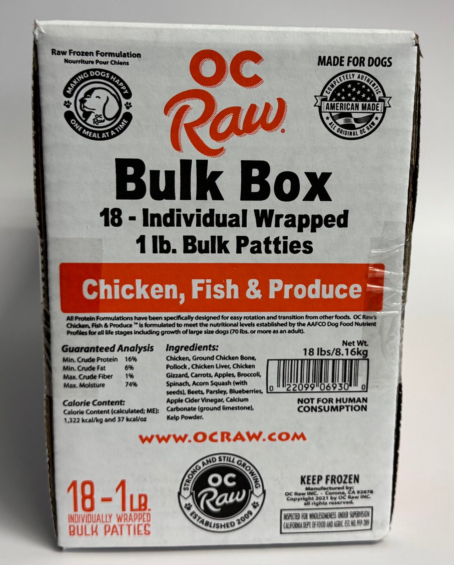 OC Raw Dog Chicken, Fish & Produce Patties, Frozen Raw Dog Food, 18lb Box