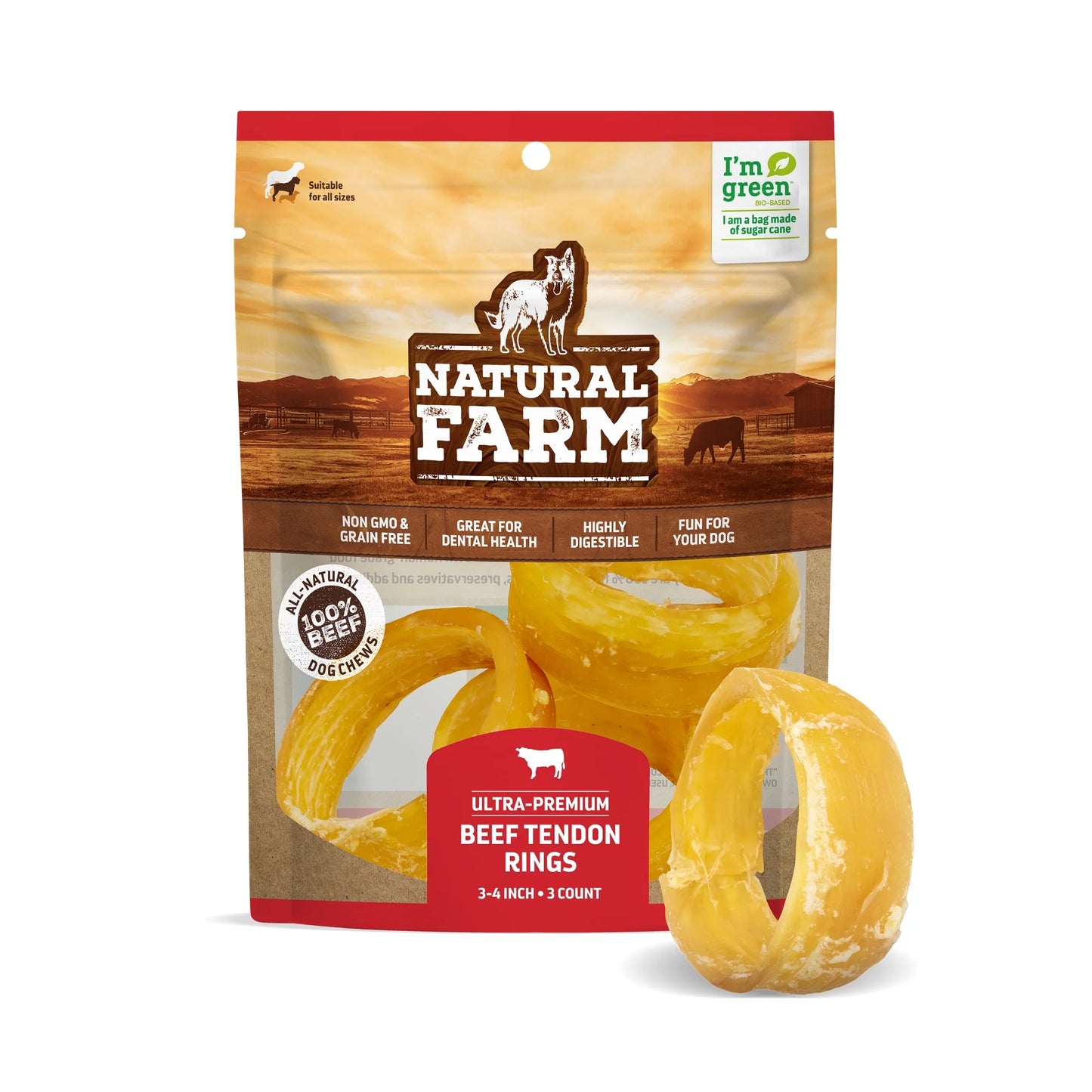Natural Farm Beef Tendon Ring, Dog Chews, 3-Count