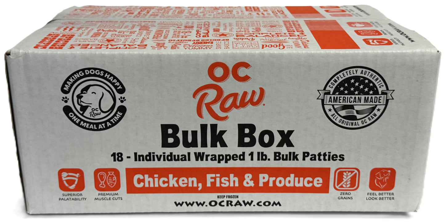 OC Raw Dog Chicken, Fish & Produce Patties, Frozen Raw Dog Food, 18lb Box