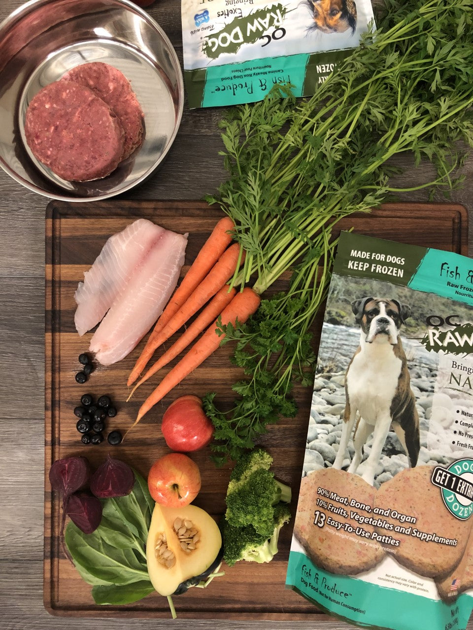 OC Raw Dog Fish and Produce Patties, Frozen Raw Dog Food, 6-lb Bag