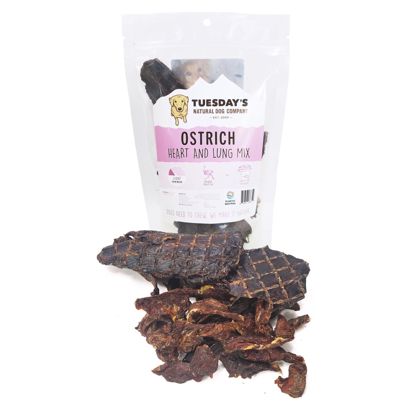 Ostrich organ dog treat mix with heart and lung, 4-oz bag for healthy dogs