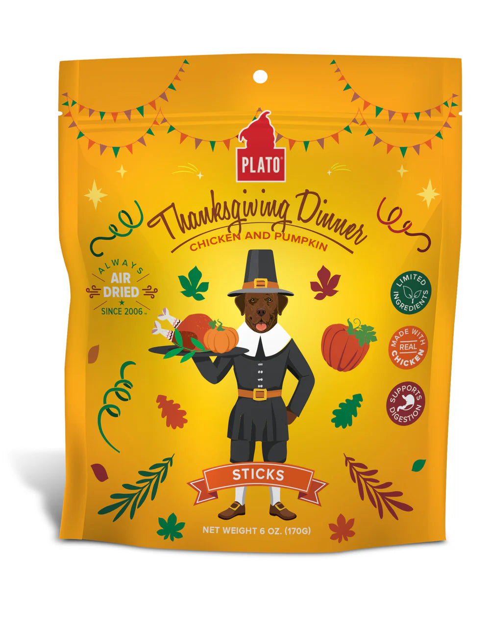 Plato Thanksgiving Dinner Chicken & Pumpkin Sticks Dog Treat, 5-oz Bag