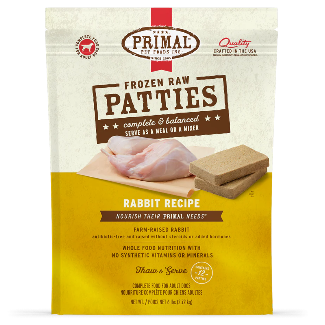 Primal Frozen Raw Patties Dog Food, Rabbit Recipe, 6-lb Patties