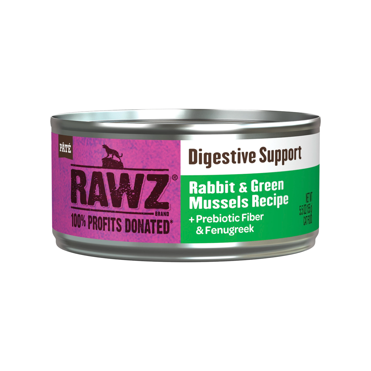 RAWZ Digestive Support Rabbit & Green Mussels Recipe, Wet Cat Food, 5.5-oz Case of 24
