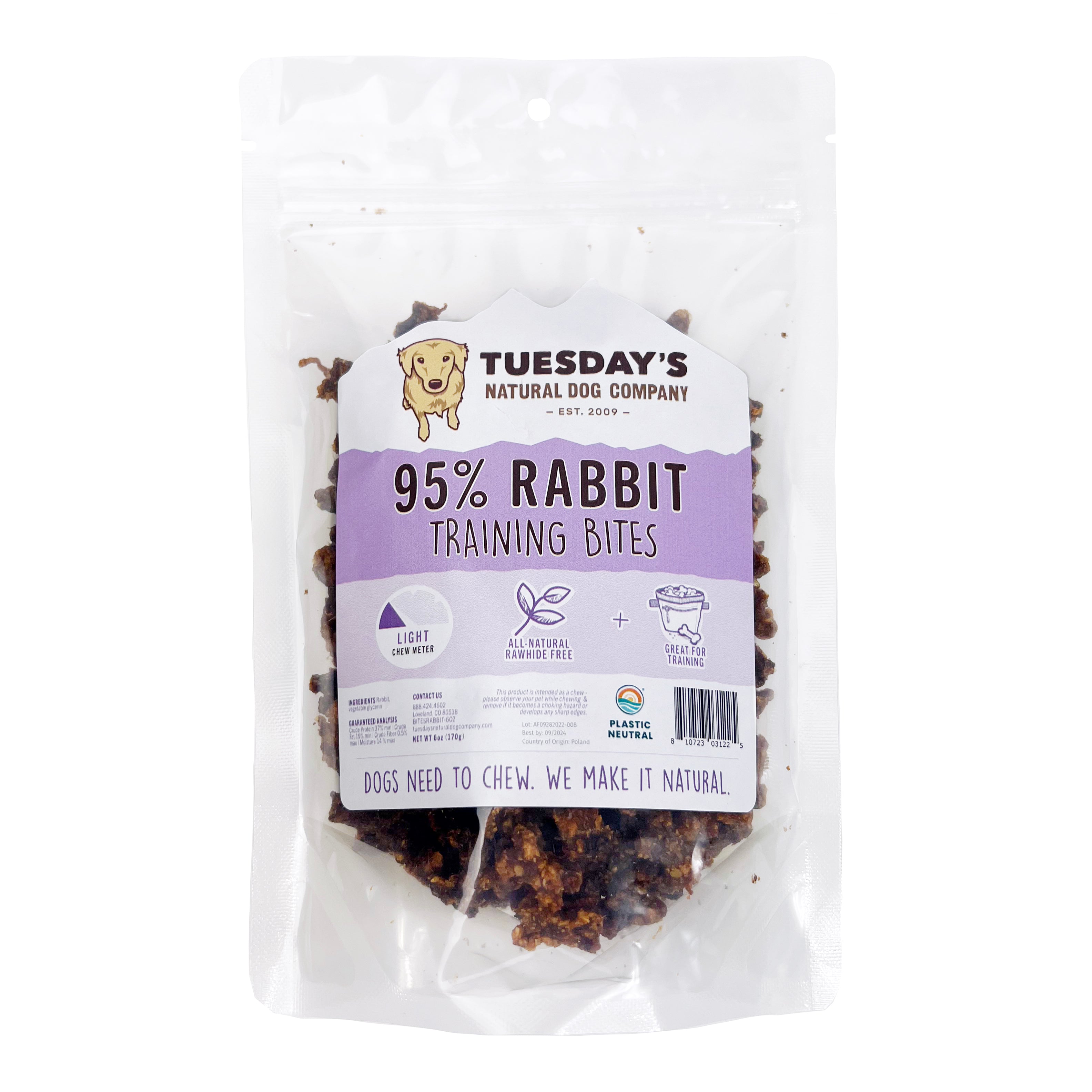 Tuesday's Natural Dog Company 95% Rabbit Bites 6-oz, Dog Treat ...