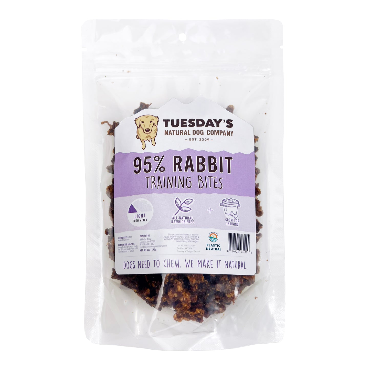 Tuesday's Natural Dog Company 95% Rabbit Bites 6-oz, Dog Treat