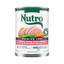 Can of Nutro Premium Loaf dog food with turkey, sweet potato, and green bean ingredients on a white background.