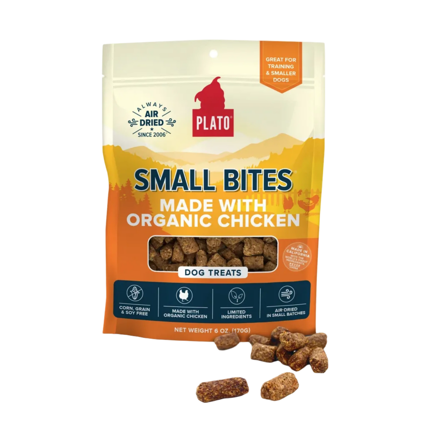 Plato Small Bites dog treat package with organic chicken on a white background