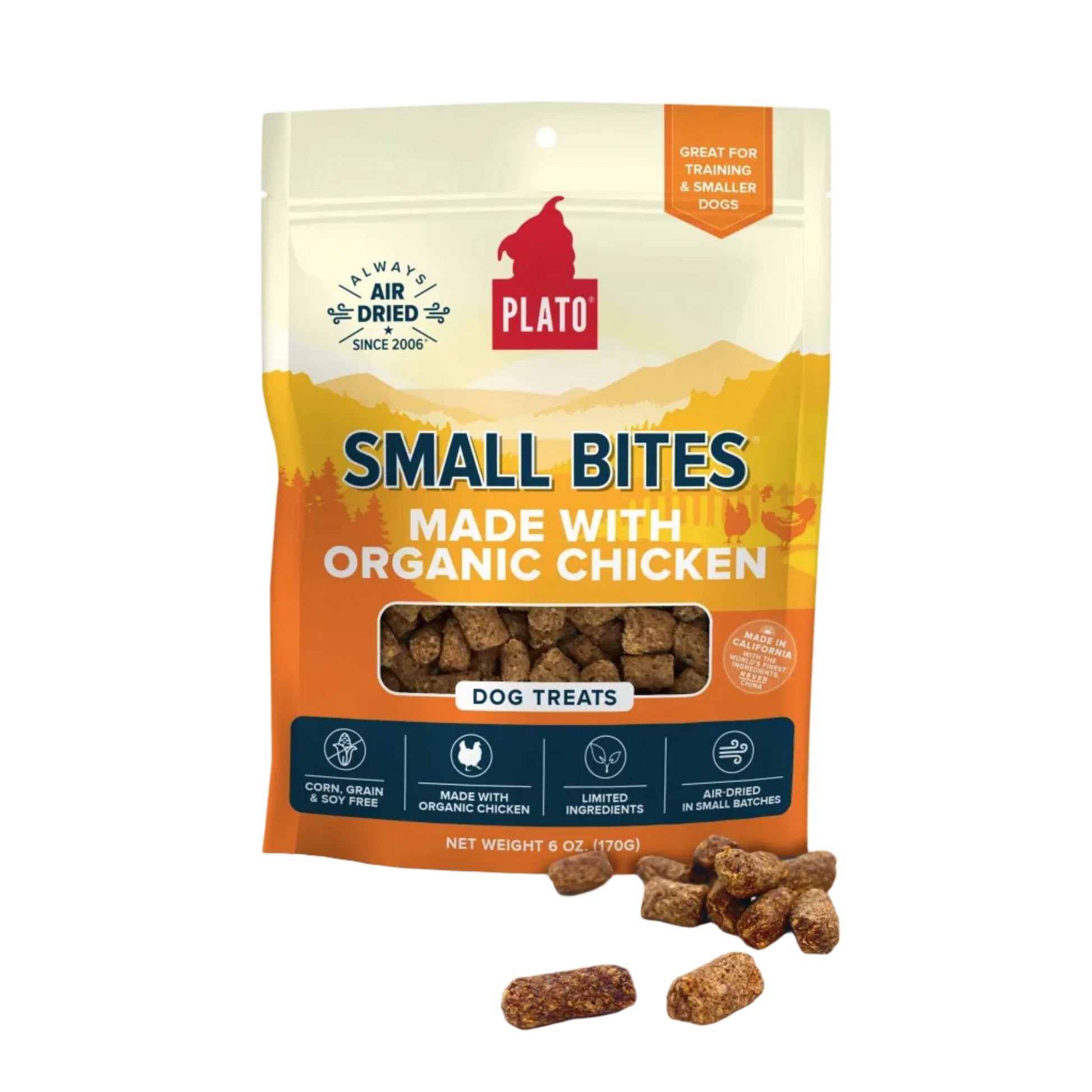 Plato Small Bites dog treat package with organic chicken on a white background