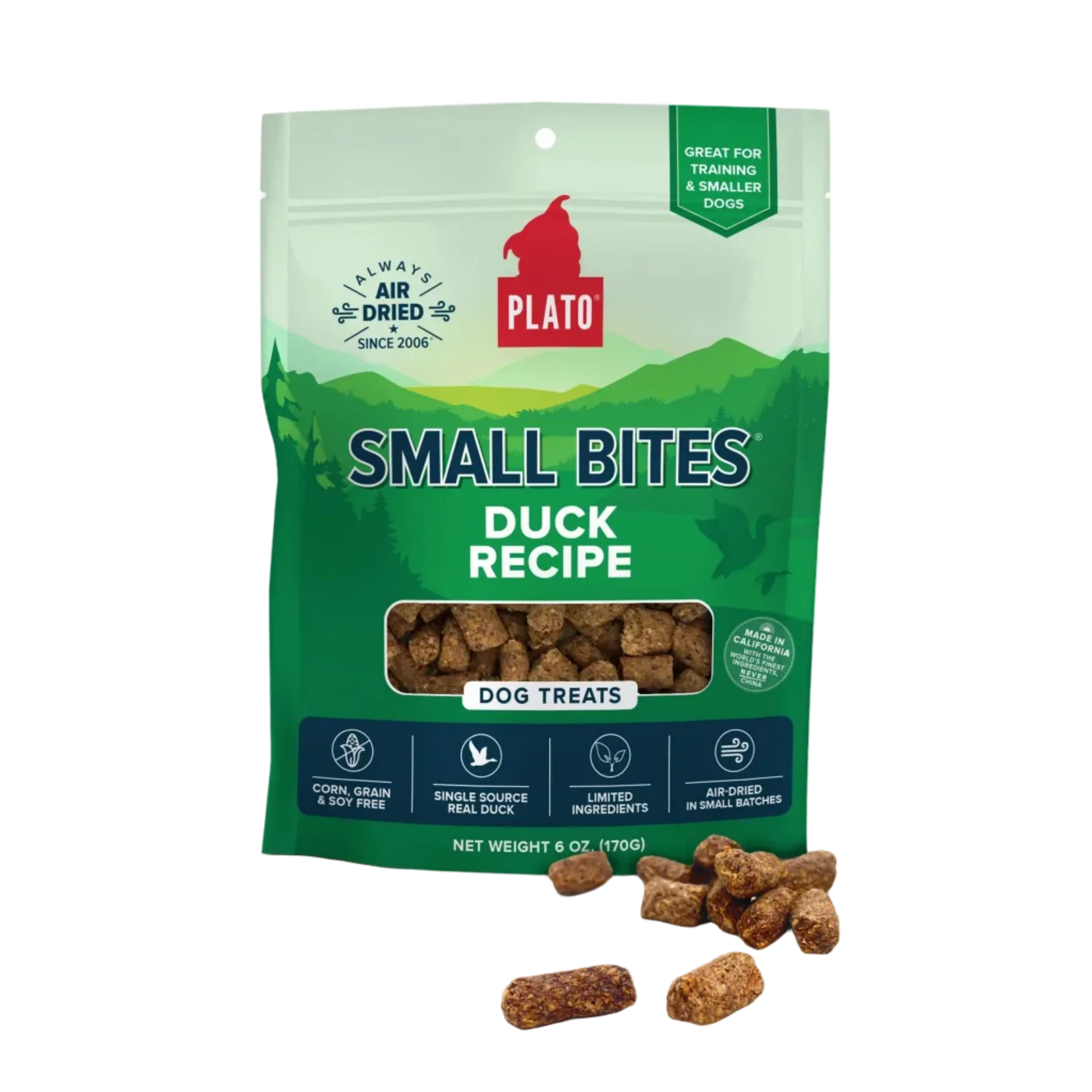 Plato Small Bites Duck Recipe dog treats packaging on a white background