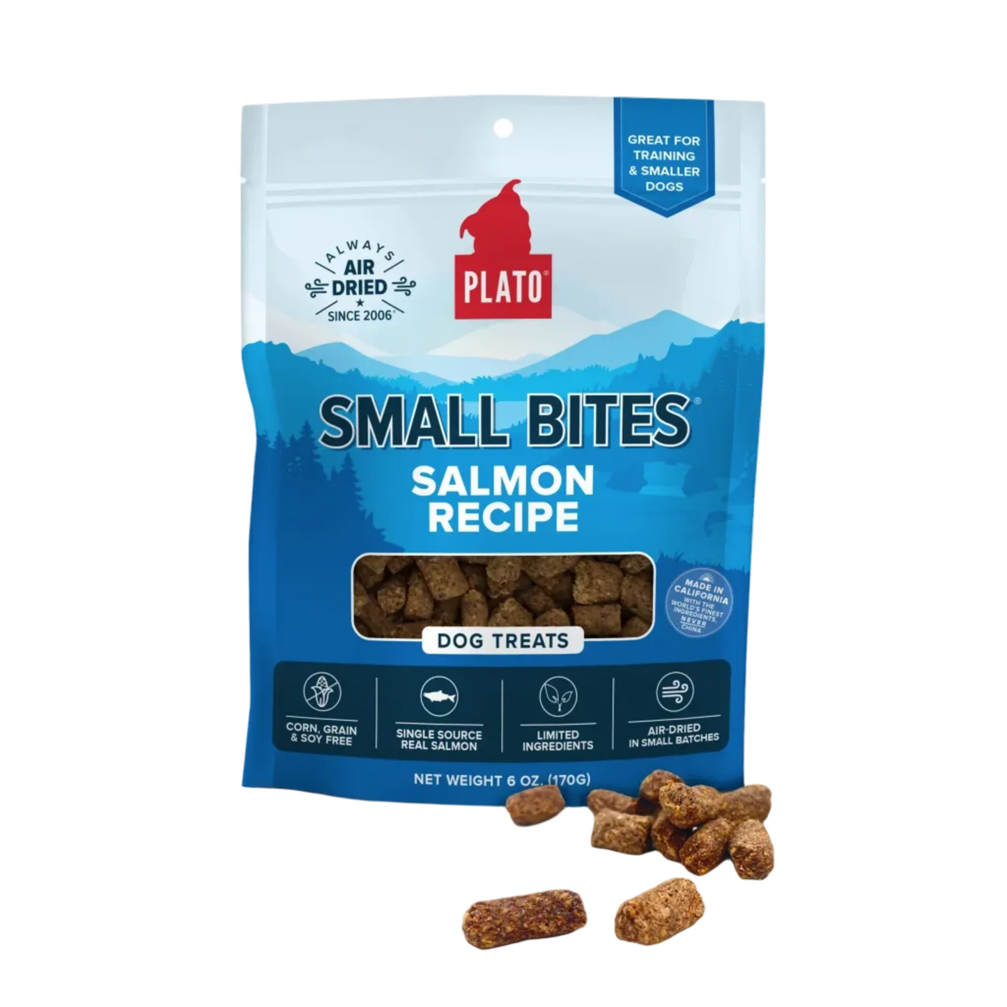 Plato Small Bites Salmon Recipe dog treats packaging on a white background