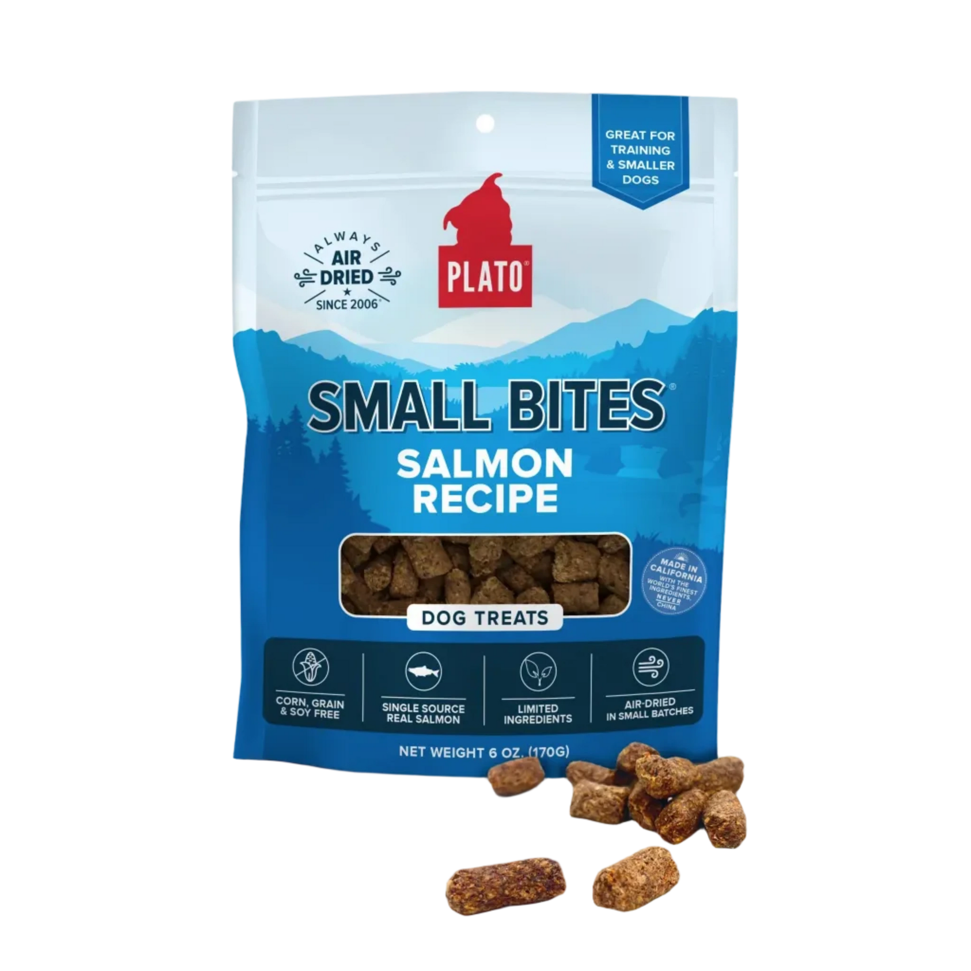 Plato Small Bites Salmon Recipe dog treats packaging on a white background