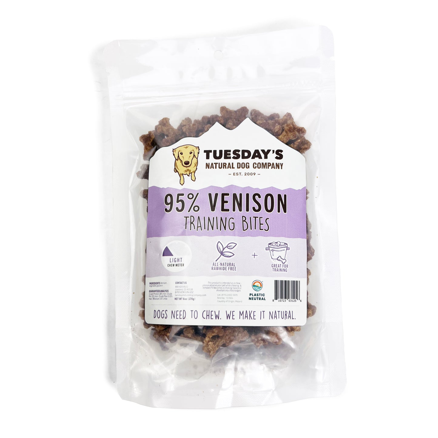 Tuesday's Natural Dog Company 95% Venison Bites 6-oz, Dog Treat