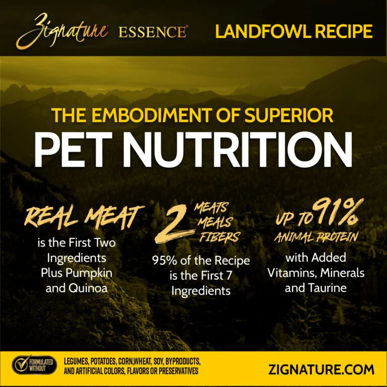 Grain-free dry dog food by Zignature Essence LIR Landfowl recipe