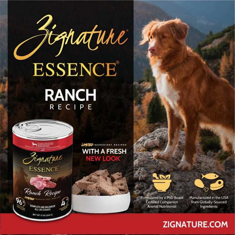 Grain-free Zignature wet dog food with high-quality protein in 13-oz cans