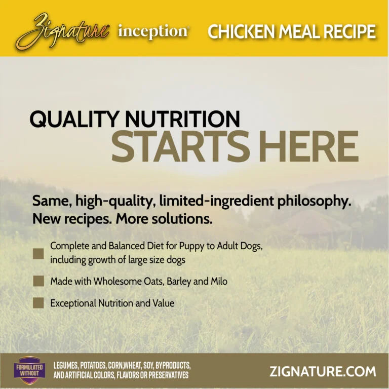 Grain-free Zignature Inception dry dog food with real chicken