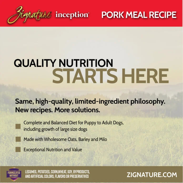 Grain-free Zignature Inception dry dog food with real pork