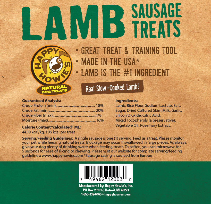 Happy Howies 4-Inch Lamb Sausages, 13-Count, Dog Treat