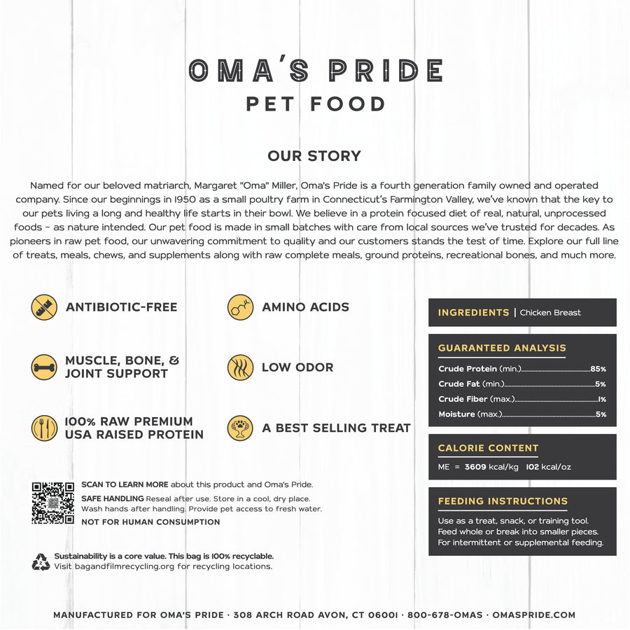 Oma's Pride Chicken Breast Chunks, Dog & Cat Treats, 4-oz Bag