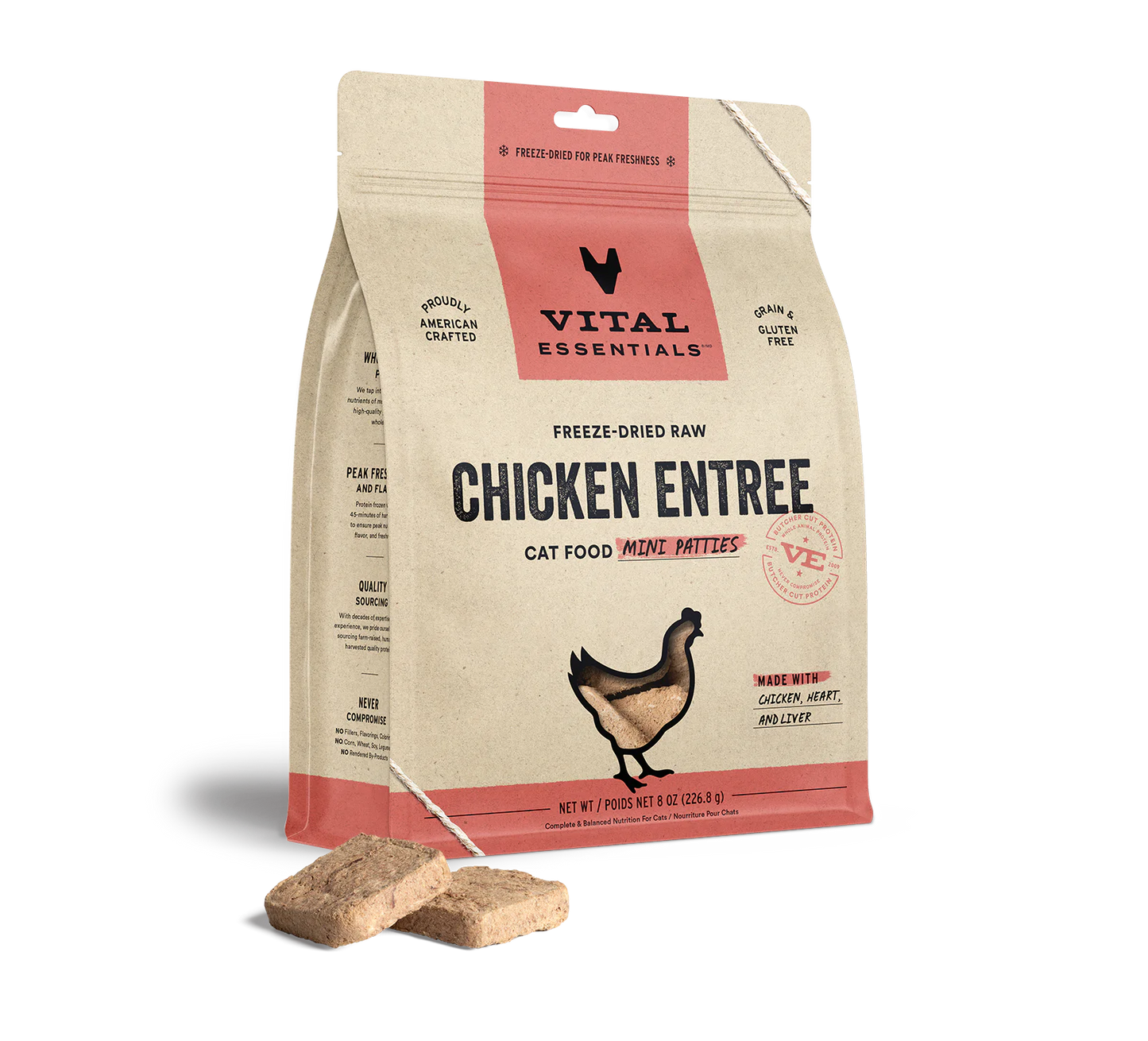 Vital Essentials Chicken Mini Patties, Freeze-Dried Cat Food, 8-oz Bag