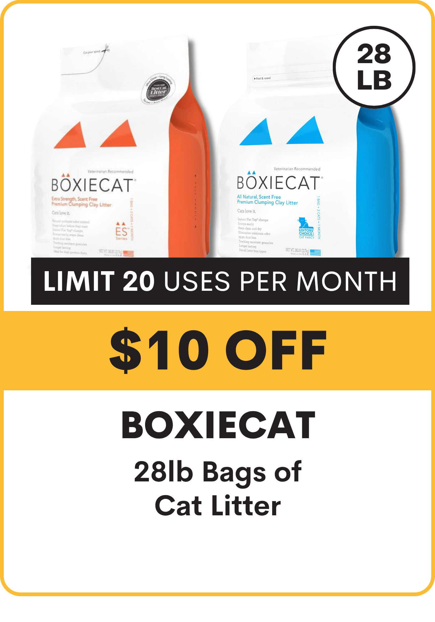 Promotional graphic for Boxiecat cat litter bags with a discount offer:$10 Off any 28# bag. limit 20 uses