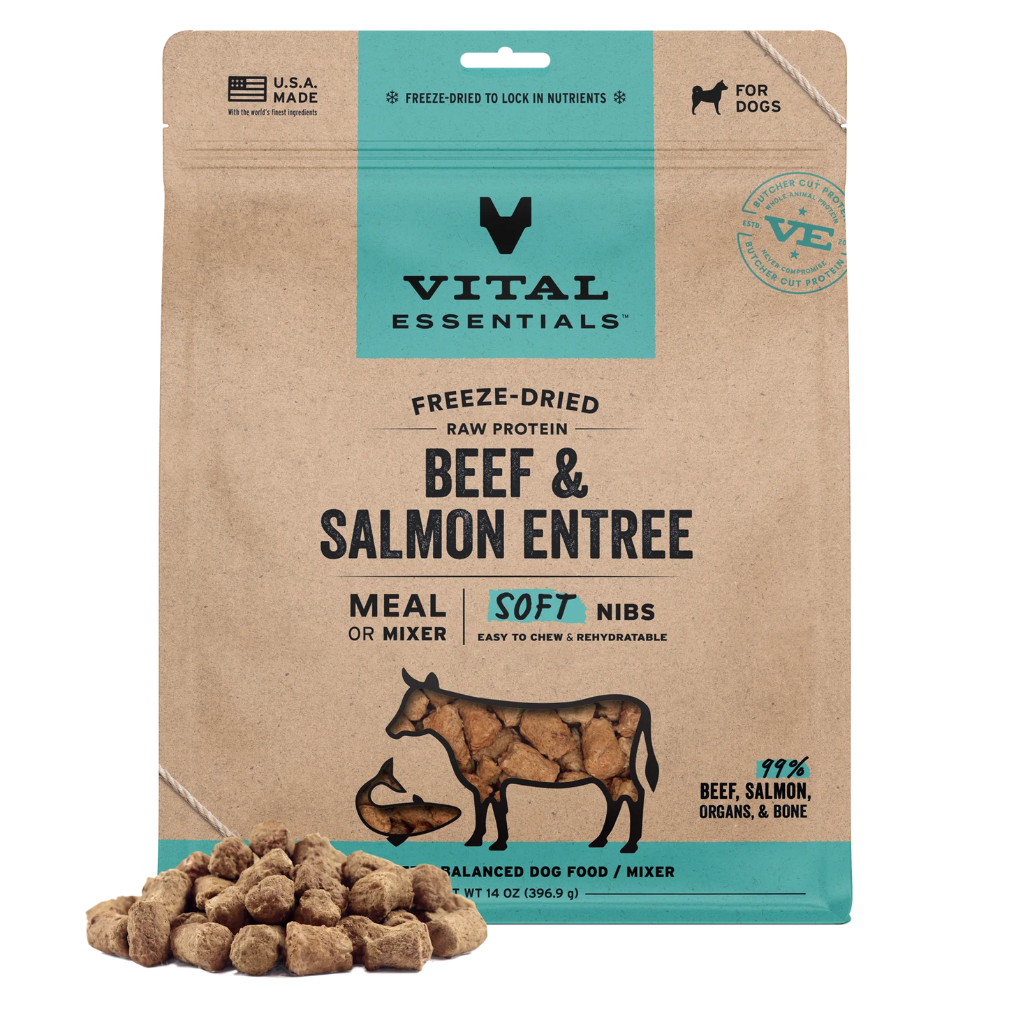 Vital Essentials Beef & Salmon Soft Nibs Meal or Mixer Freeze-Dried Raw Dog Food, 14-oz Bag