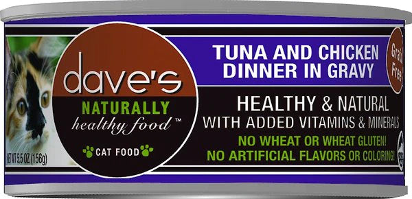 Dave's Pet Food Naturally Healthy Grain-Free Tuna & Chicken Dinner In Gravy 5.5-oz, Case Of 24, Wet Cat Food