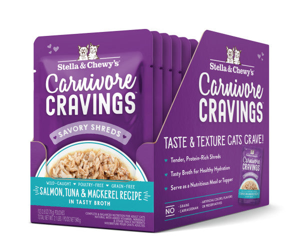 Stella & Chewy's Carnivore Cravings Savory Shreds - Salmon, Tuna, & Mackerel Recipe Dinner in Broth, 2.8-oz Pouch