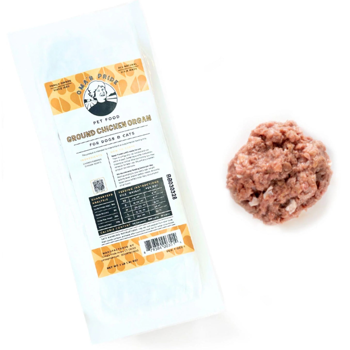 Oma's Pride Ground Chicken Organ, Frozen Pet Supplement, 1-lb Pouch