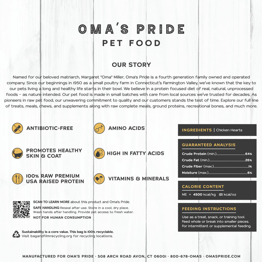 Oma's Pride Chicken Hearts, Dog & Cat Treats, 4-oz Bag