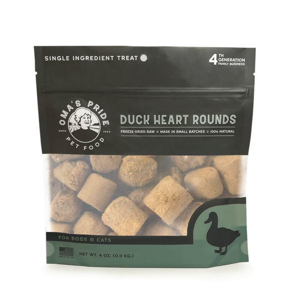 Oma s Pride Duck Heart Rounds Dog Cat Treats 4 oz Bag Anaheim Feed Pet Supply