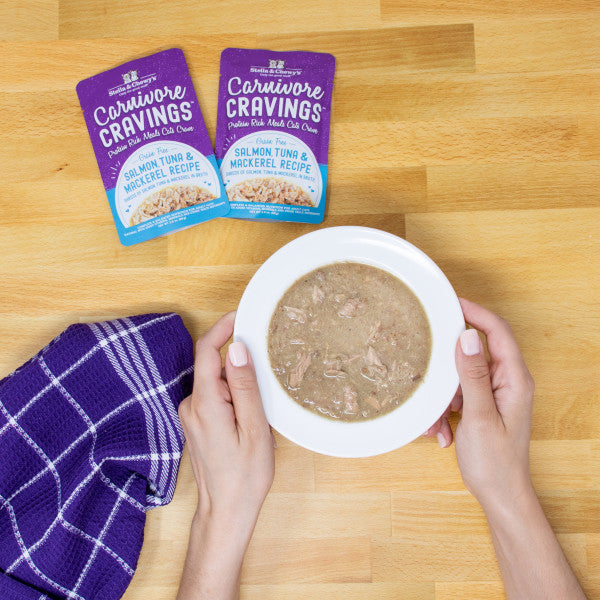 Stella & Chewy's Carnivore Cravings Savory Shreds - Salmon, Tuna, & Mackerel Recipe Dinner in Broth, 2.8-oz Pouch