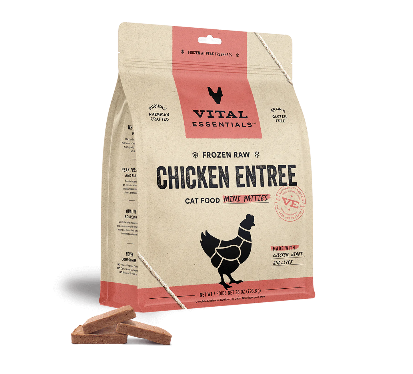 Vital Essentials Chicken Patties Frozen Raw Cat Food, 28-oz Bag
