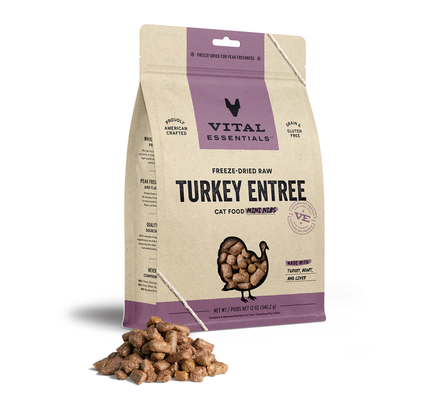 Vital Essentials Turkey Mini Nibs 12-oz, Freeze-Dried Cat Food