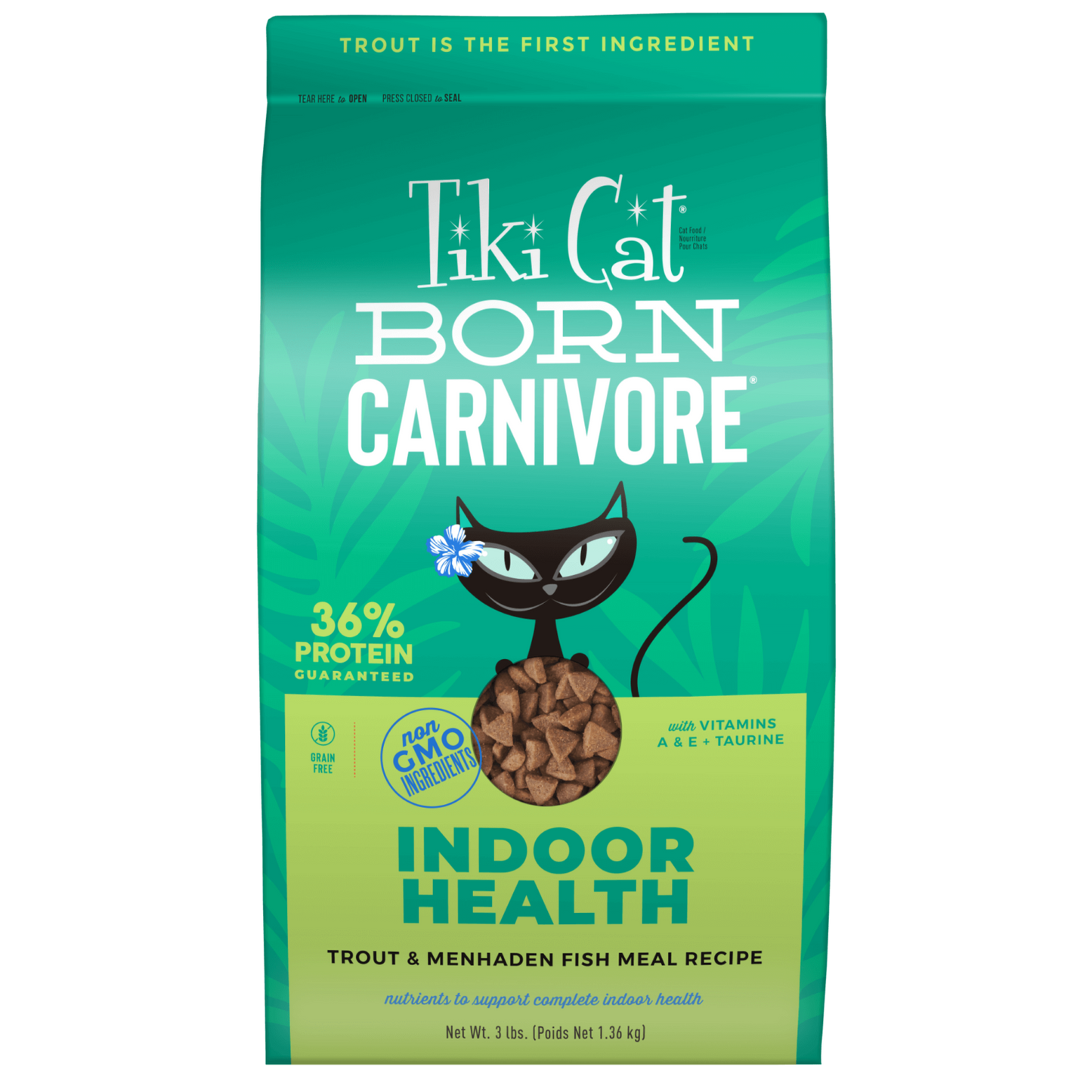 Tiki Cat Born Carnivore® Indoor Health: Trout & Menhaden Fish Meal Recipe 3-lb, Dry Cat Food