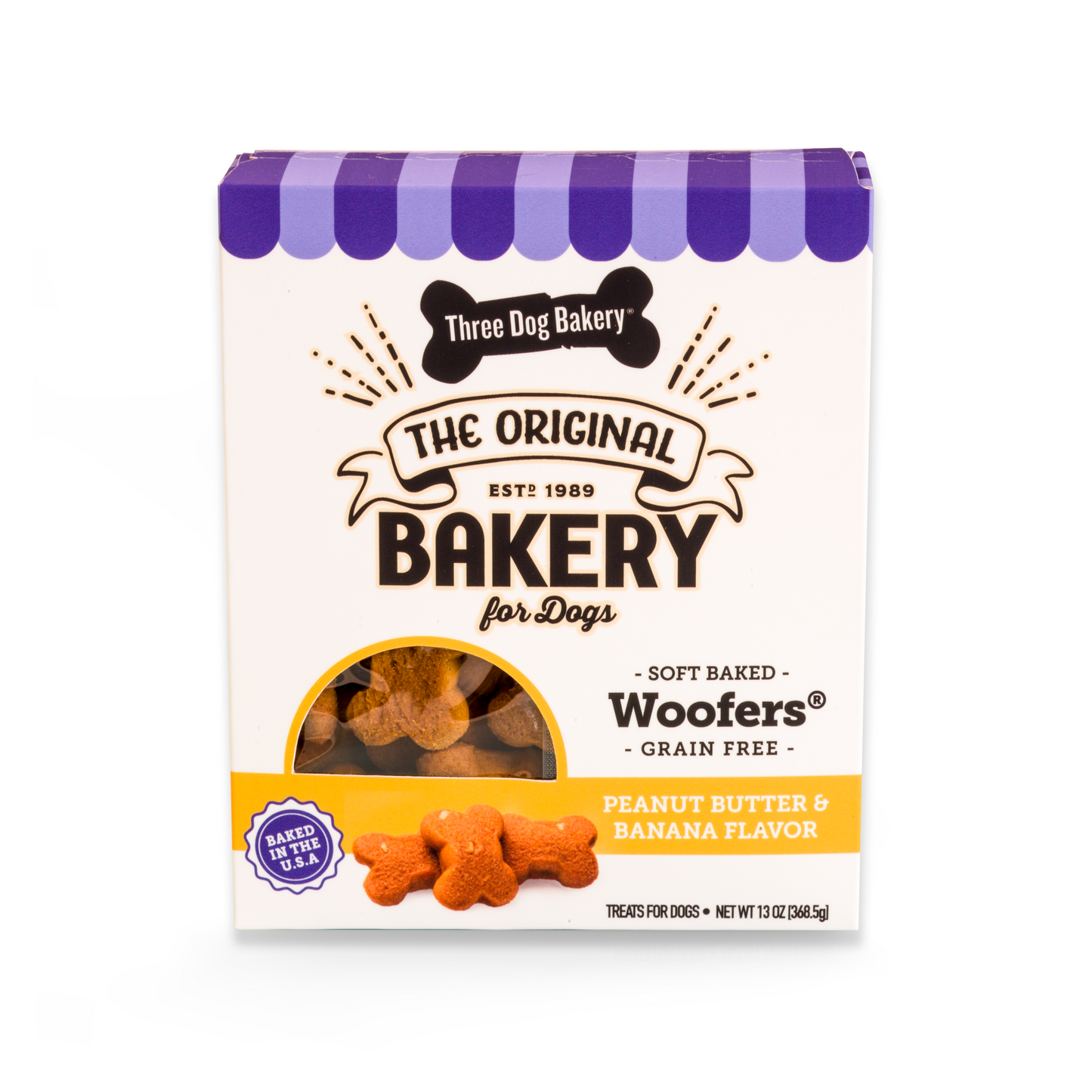 Three Dog Bakery Woofers® Grain-Free Peanut Butter & Banana Biscuits 13-oz, Dog Treat