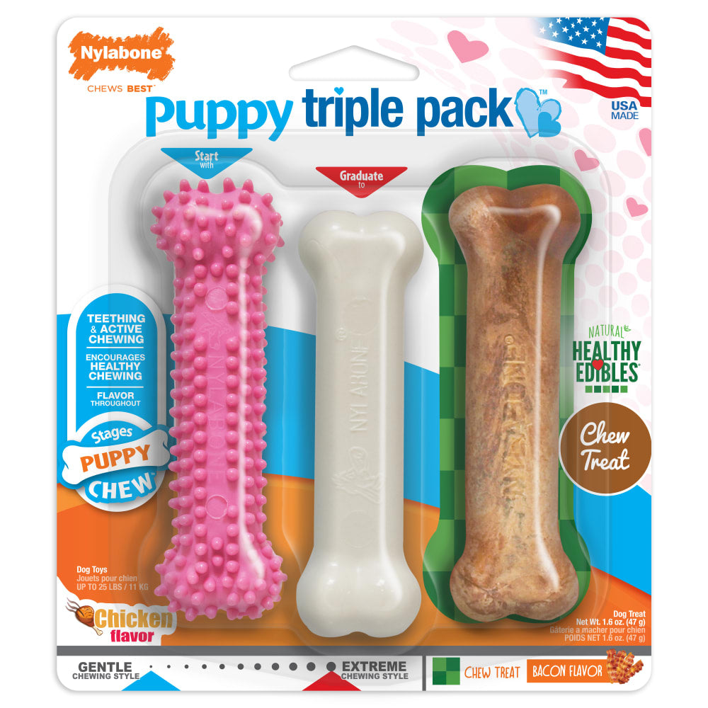 Nylabone Pink Small/Regular  Puppy Chew Triple Pack, Dog Toy