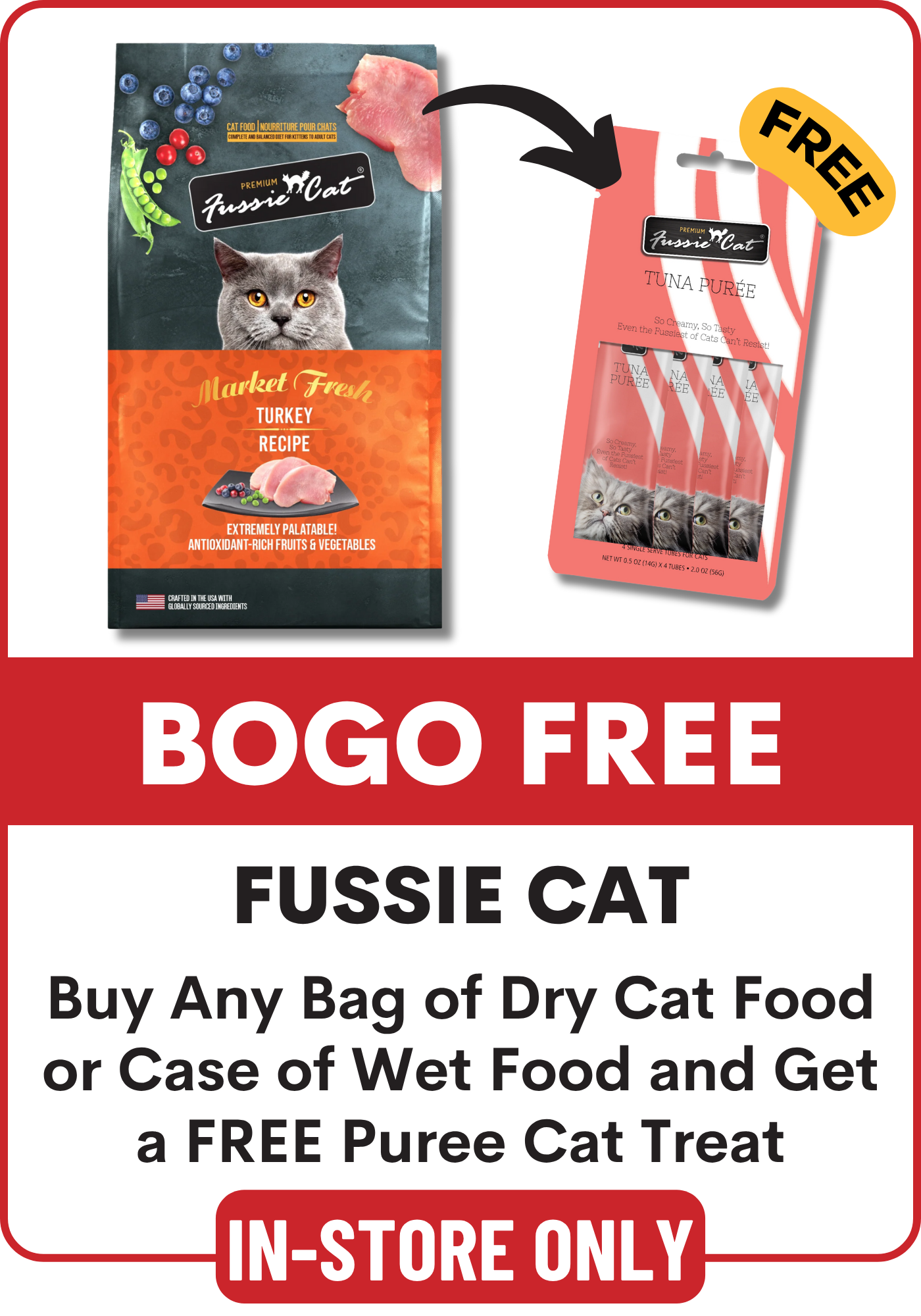 Promotional flyer for Fussie Cat dry cat food and free puree cat treat offer: Buy any size bag of Fussie Cat or case of cans get a free Puree, in store only
