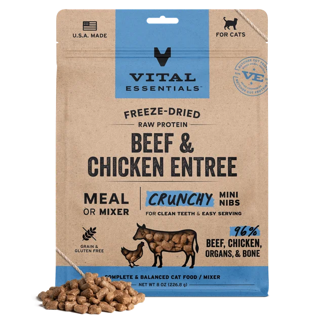 Vital Essentials Beef & Chicken Crunchy Mini Nibs, Freeze-Dried Cat Food, 12-oz Bag