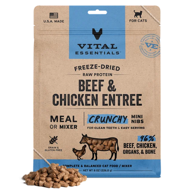 Vital Essentials Beef & Chicken Crunchy Mini Nibs, Freeze-Dried Cat Food, 12-oz Bag