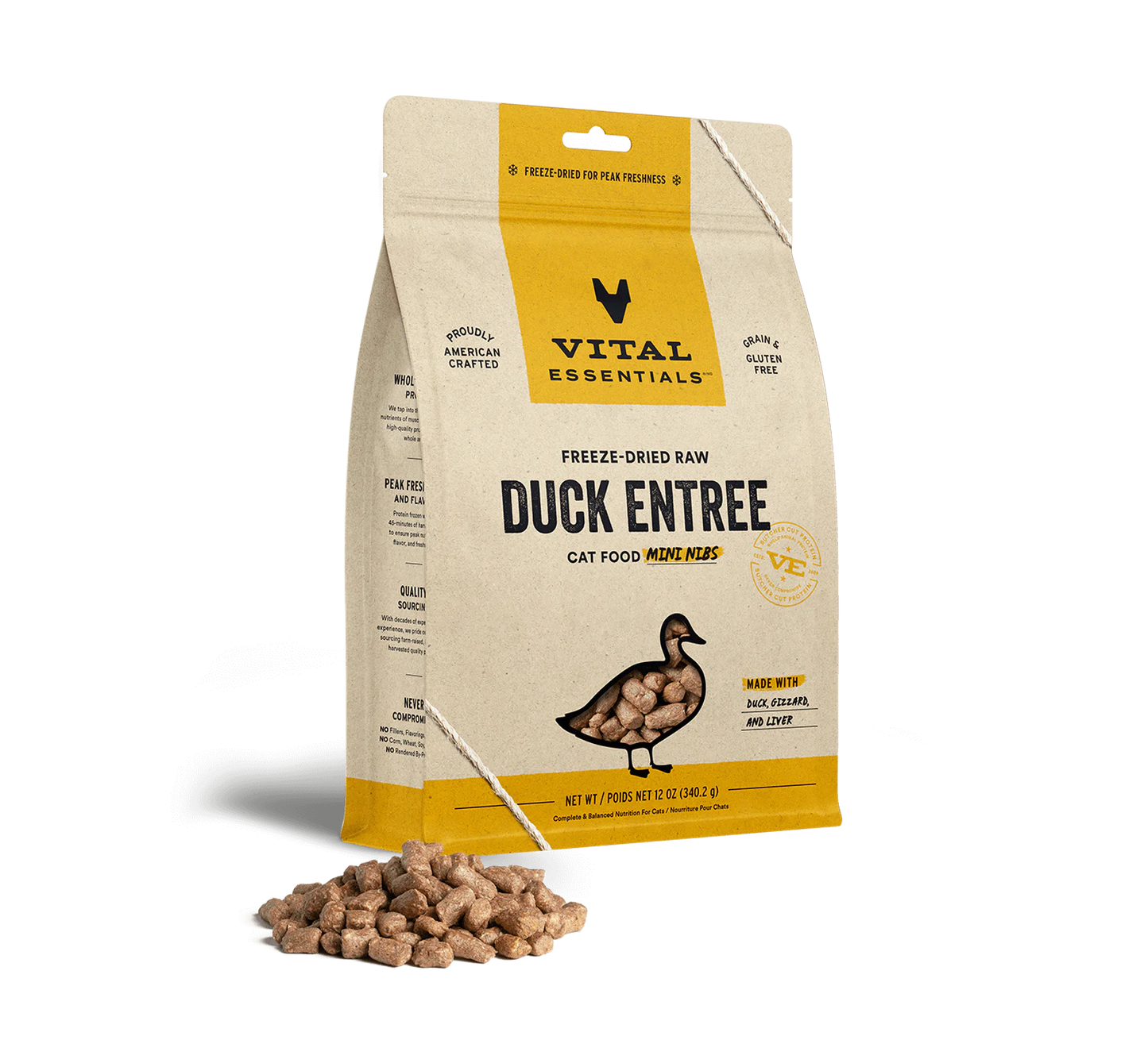 Vital Essentials Duck Mini Nibs, Freeze-Dried Cat Food, 12-oz Bag