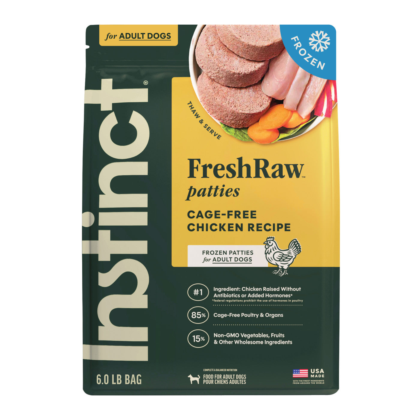 Instinct FreshRaw Patties Cage-Free Chicken Recipe, Frozen Raw Dog Food, 6-lb Bag