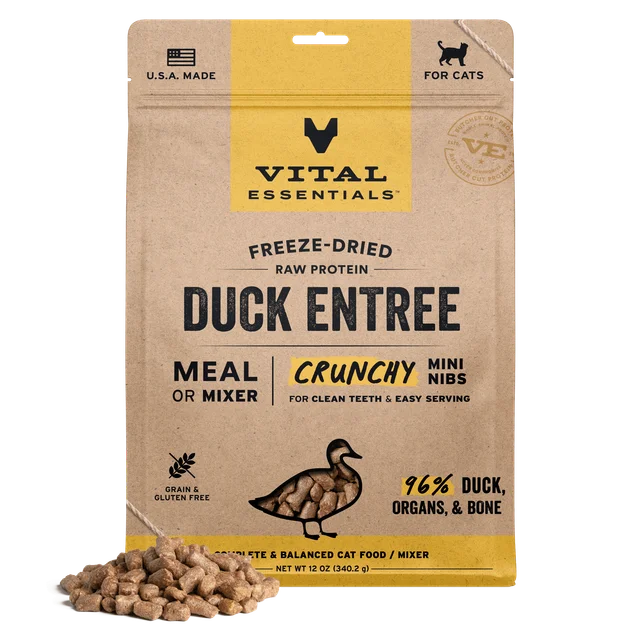 Vital Essentials Duck Crunchy Mini Nibs, Freeze-Dried Cat Food, 12-oz Bag