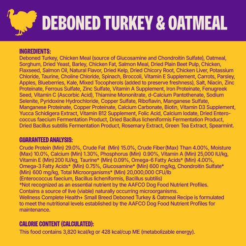 Wellness Complete Health+ Small Breed Deboned Turkey & Oatmeal Recipe, Dry Dog Food