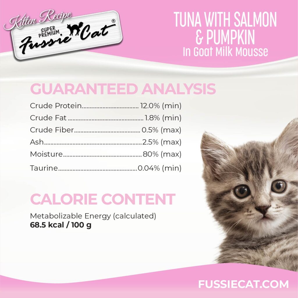 Fussie Cat Tuna with Salmon & Pumpkin in Goat Milk Mousse Kitten 1.5-oz Pouch, Wet Cat Food, Case of 12