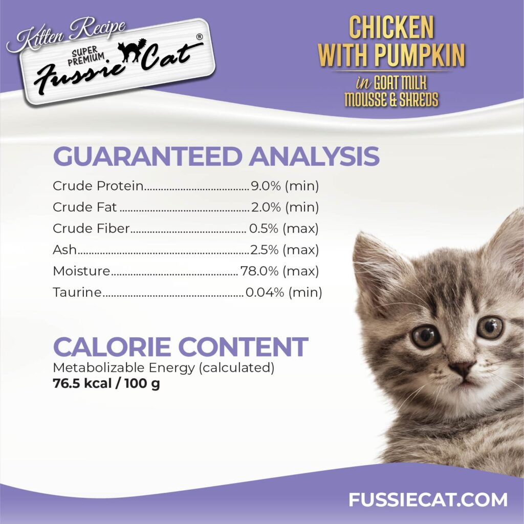 Fussie Cat Chicken with Pumpkin in Goat Milk Mousse & Shreds Kitten Recipe, Wet Cat Food, 2.47-oz Case of 24