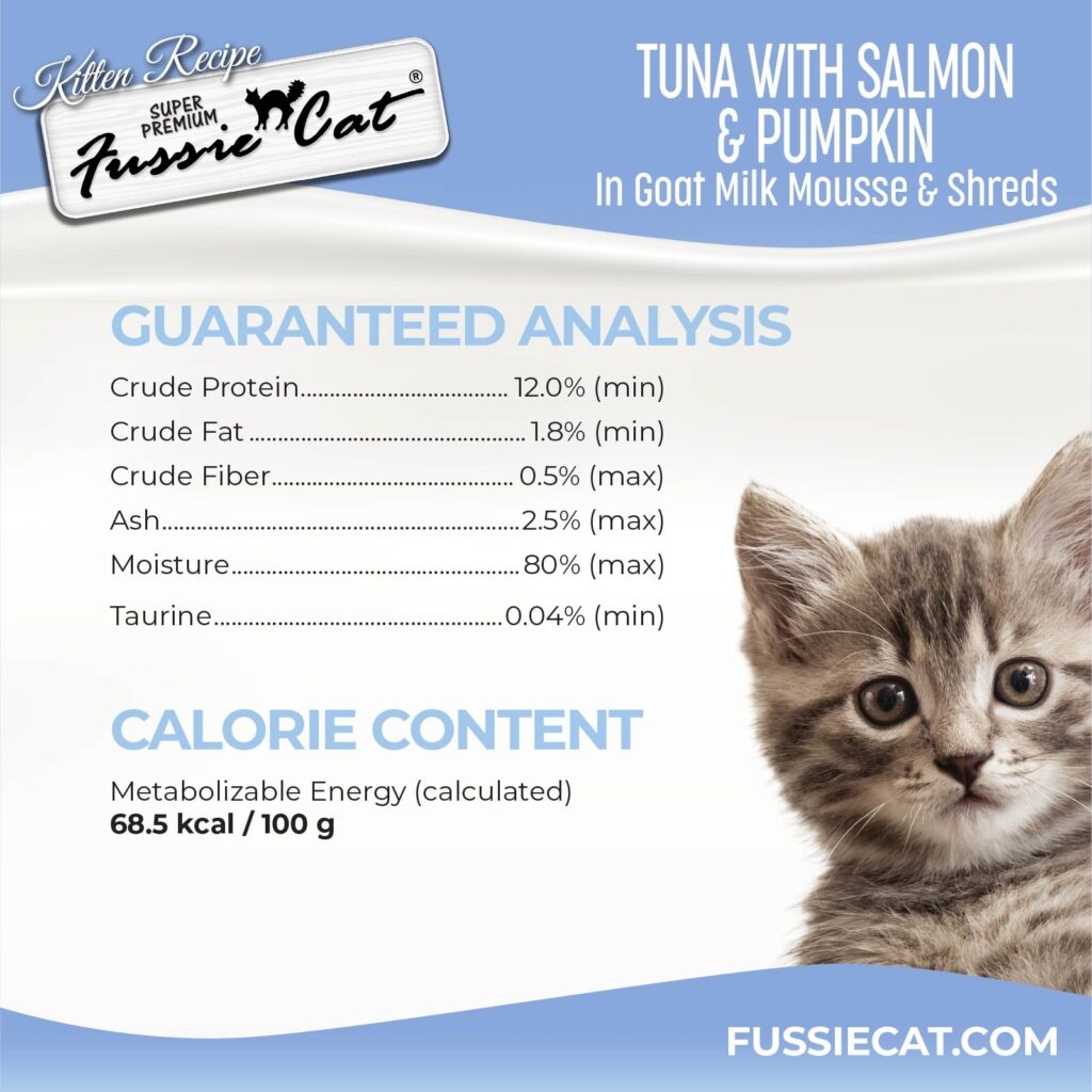 Fussie Cat Tuna with Salmon & Pumpkin in Goat Milk Mousse and Shreds Kitten 1.5-oz Pouch, Wet Cat Food, Case of 12