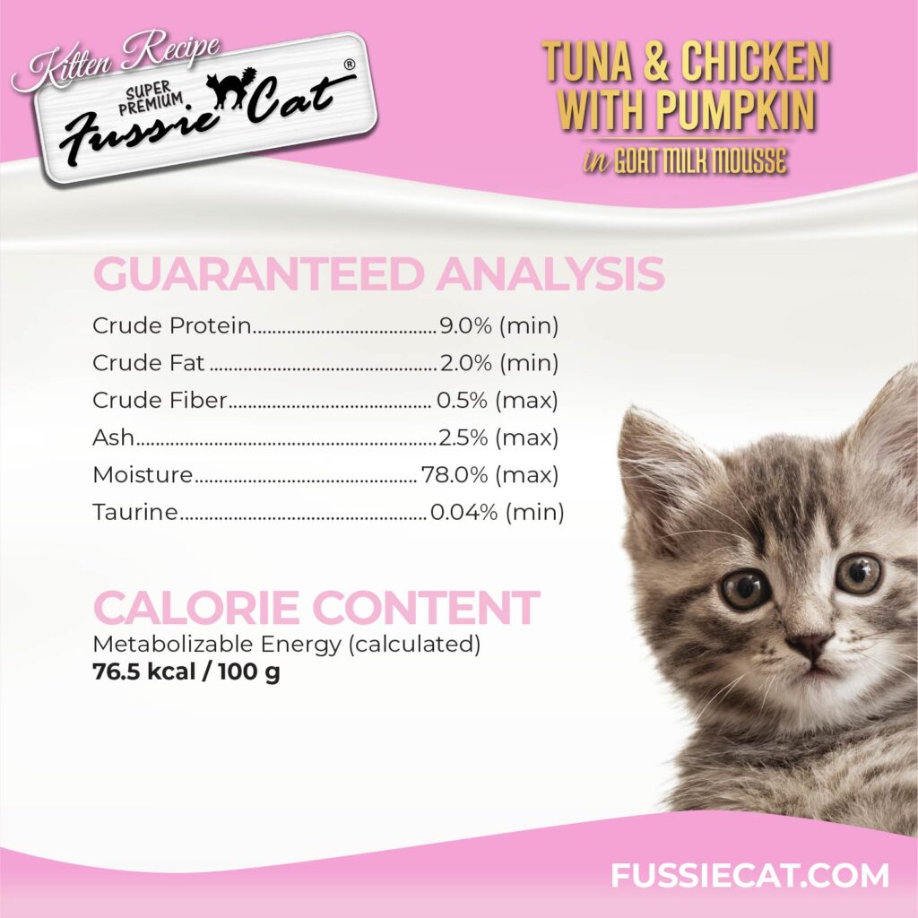 Fussie Cat Tuna & Chicken with Pumpkin In Goat Milk Mousse Kitten Recipe, Wet Cat Food, 2.47-oz Case of 24