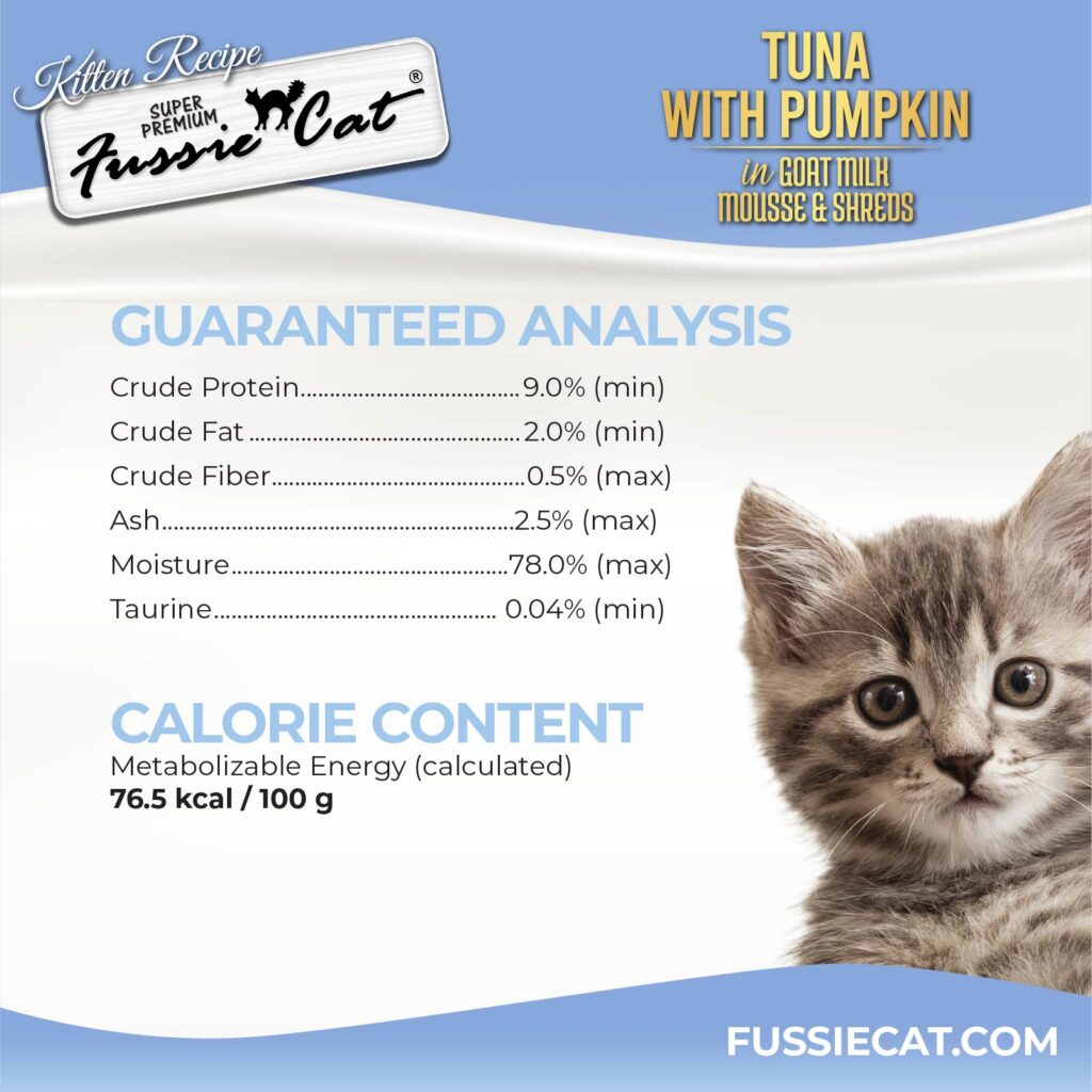 Fussie Cat Tuna with Pumpkin in Goat Milk Mousse & Shreds Kitten Recipe, Wet Cat Food, 2.47-oz Case of 24
