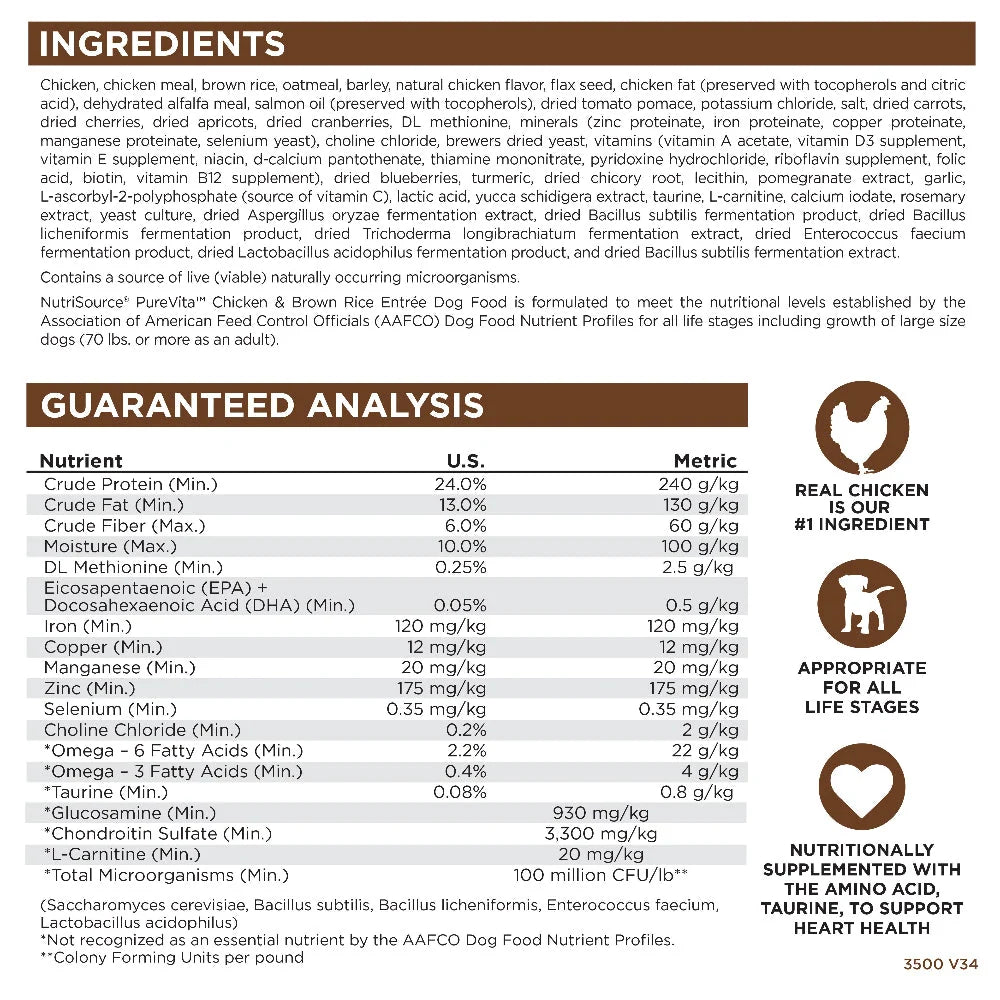 NutriSource® PureVita™ Chicken & Brown Rice Entree, Dry Dog Food